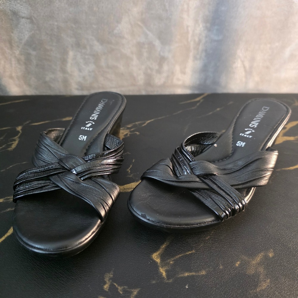 Damianis Italian Black Leather Crisscross Wedge Slide Sandals 5M Made in Italy